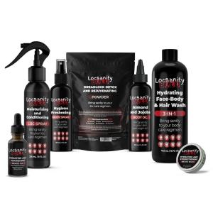 Locsanity BOLD Men’s Bundle – 7-in-1 Premium Grooming Set: Loc Spray, 3-in-1 Body Wash, Hygiene Spray, Men’s Body Oil, Beard Oil, Dreadlock Powder, Almond & Jojoba Oil | Dreads & Locs Moisturizer